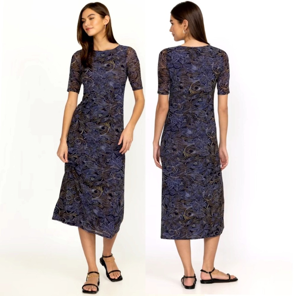 Johnny Was XS Dajiki Blue Paisley Mesh Midi Dress Bodycon Sheer Whimsygoth Indie